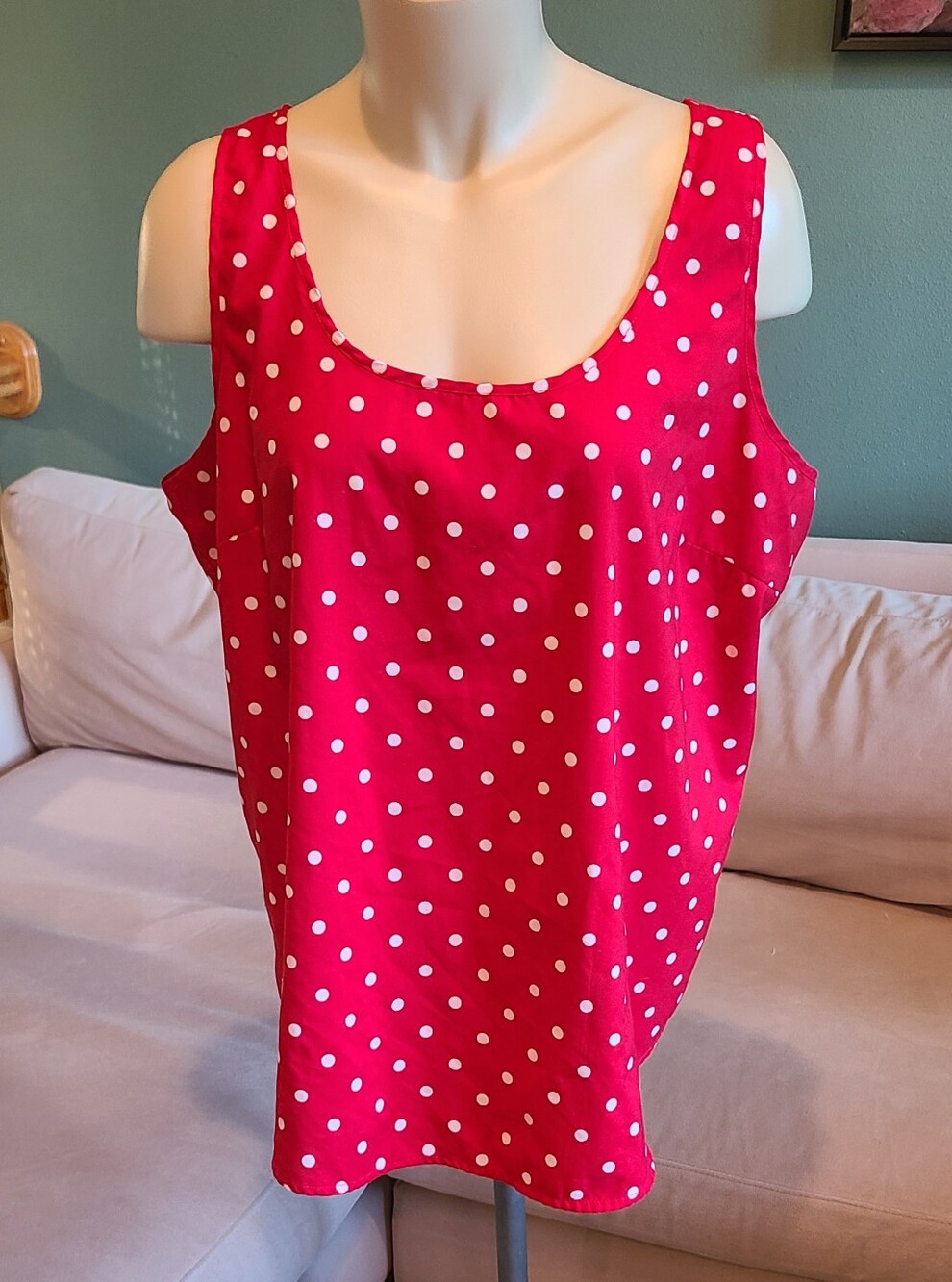 TWO Faded Glory Dressy Tank/Shell,  Red Polka Dot and Seafoam Green